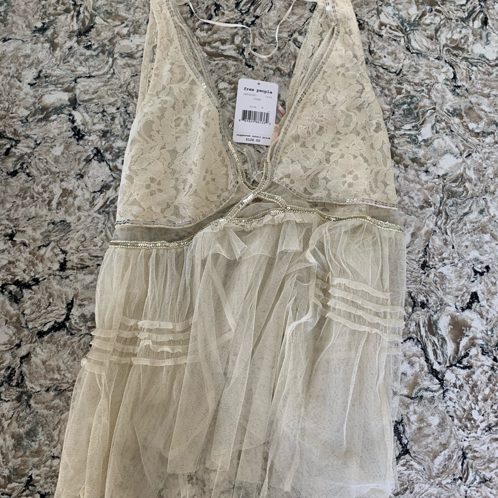 Ivory mesh beaded tank top